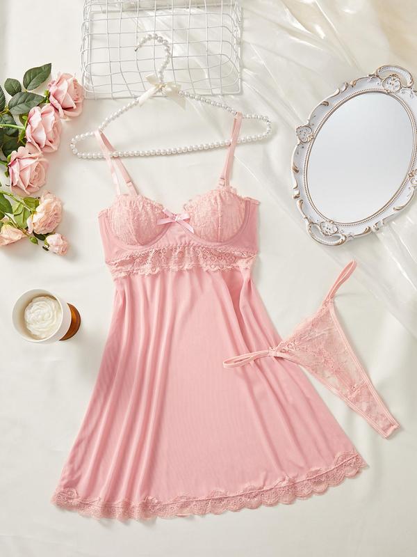 Women's Contrast Lace Bow Decor Cami Nightdress & Thong Tulle Sleepwear Two-Piece Set, Fashion Sheer Spaghetti Strap Sleeveless Nightgown & Panty Set, Ladies Sleepwear for All Seasons